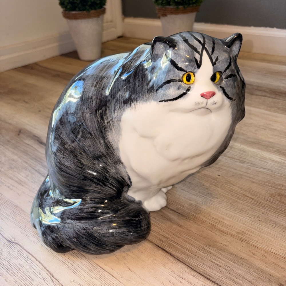 Vtg 10" X Large NS Gustin Co Ceramic Fat Cat Figurine Grey Tabby Hand Painted